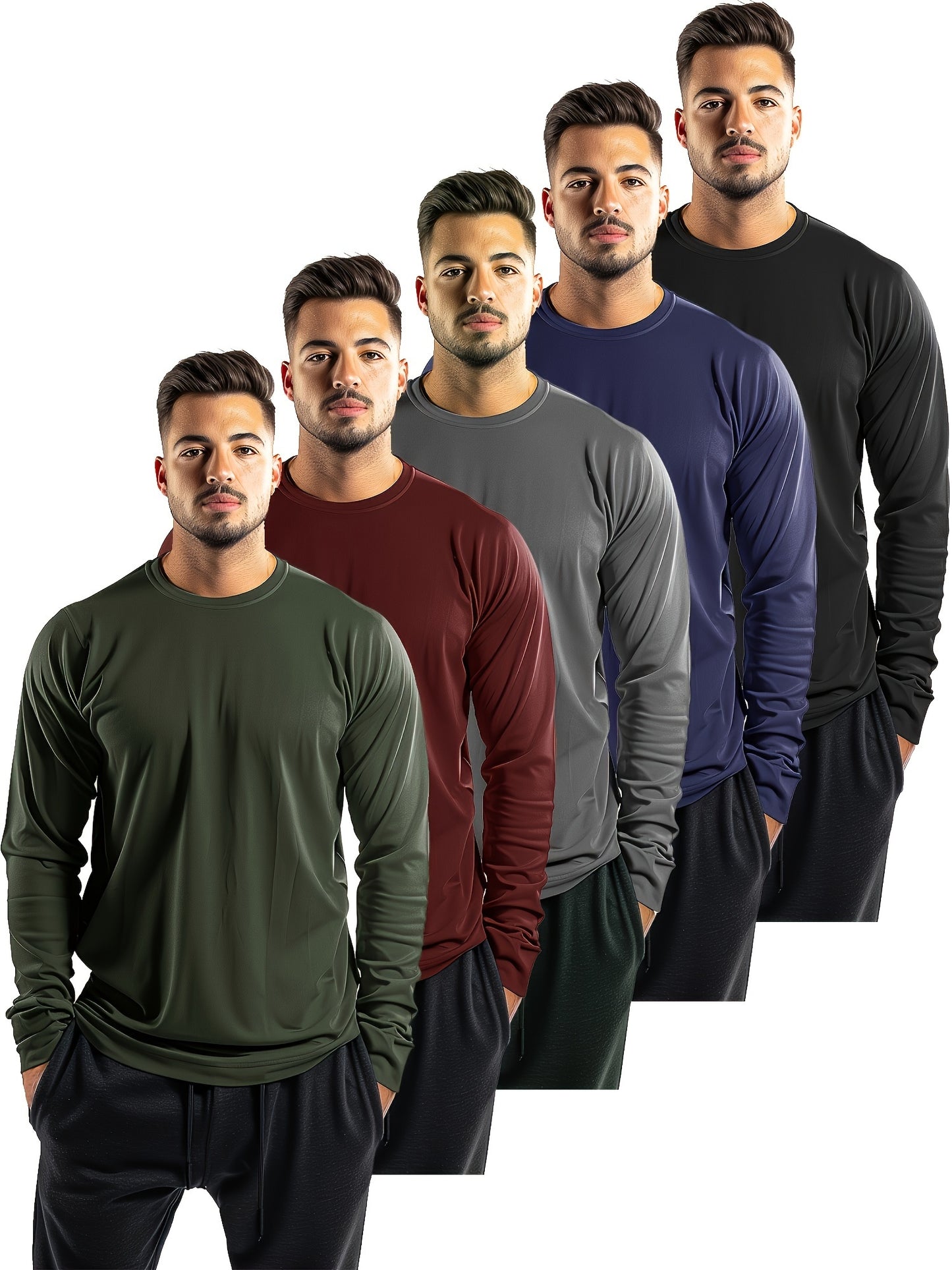 5-Piece Men's Solid Color Crew Neck Long Sleeve T-Shirt