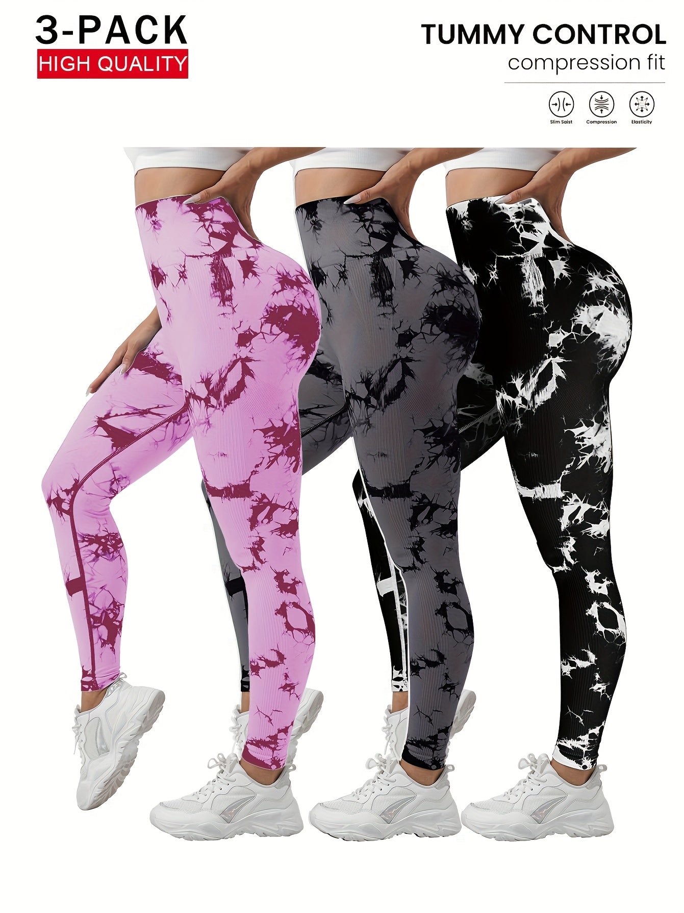 3-Pack Women's Seamless Tie-Dye High-Waisted Yoga Leggings