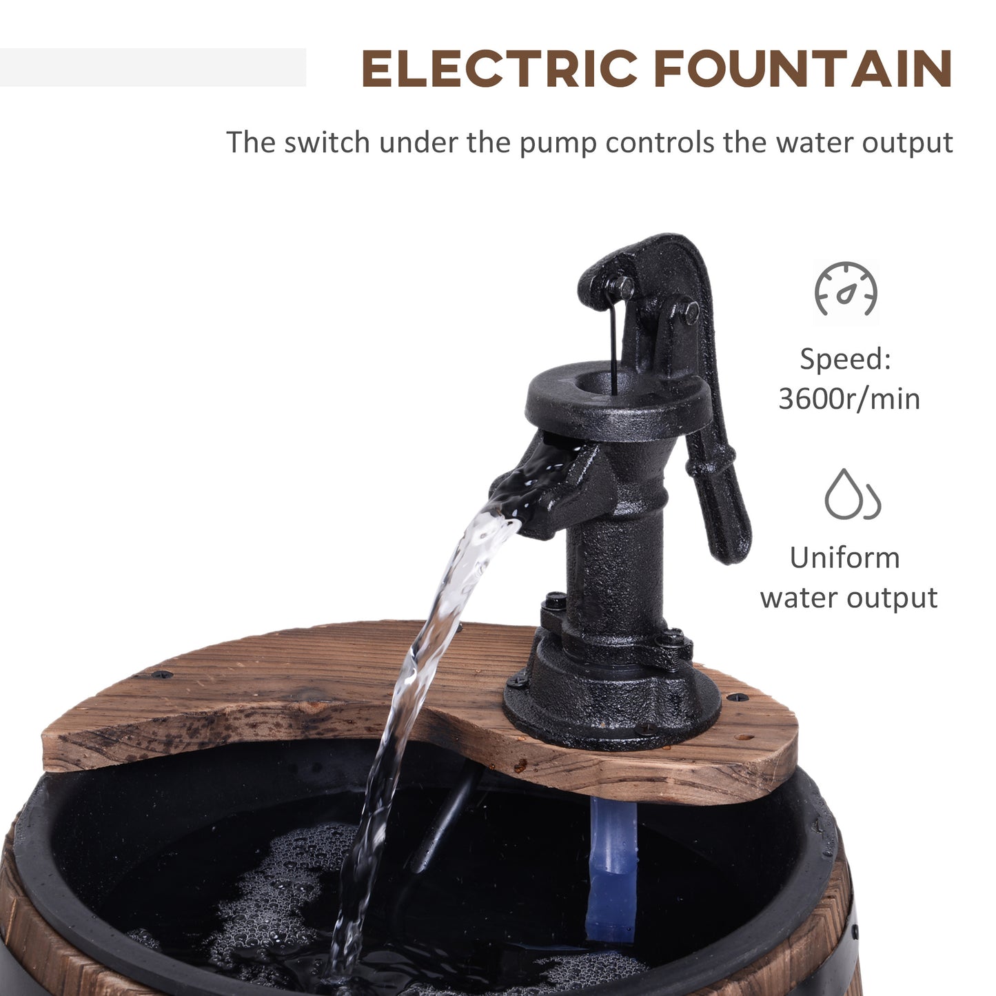 Rustic Wooden Barrel Water Fountain with Metal Pump