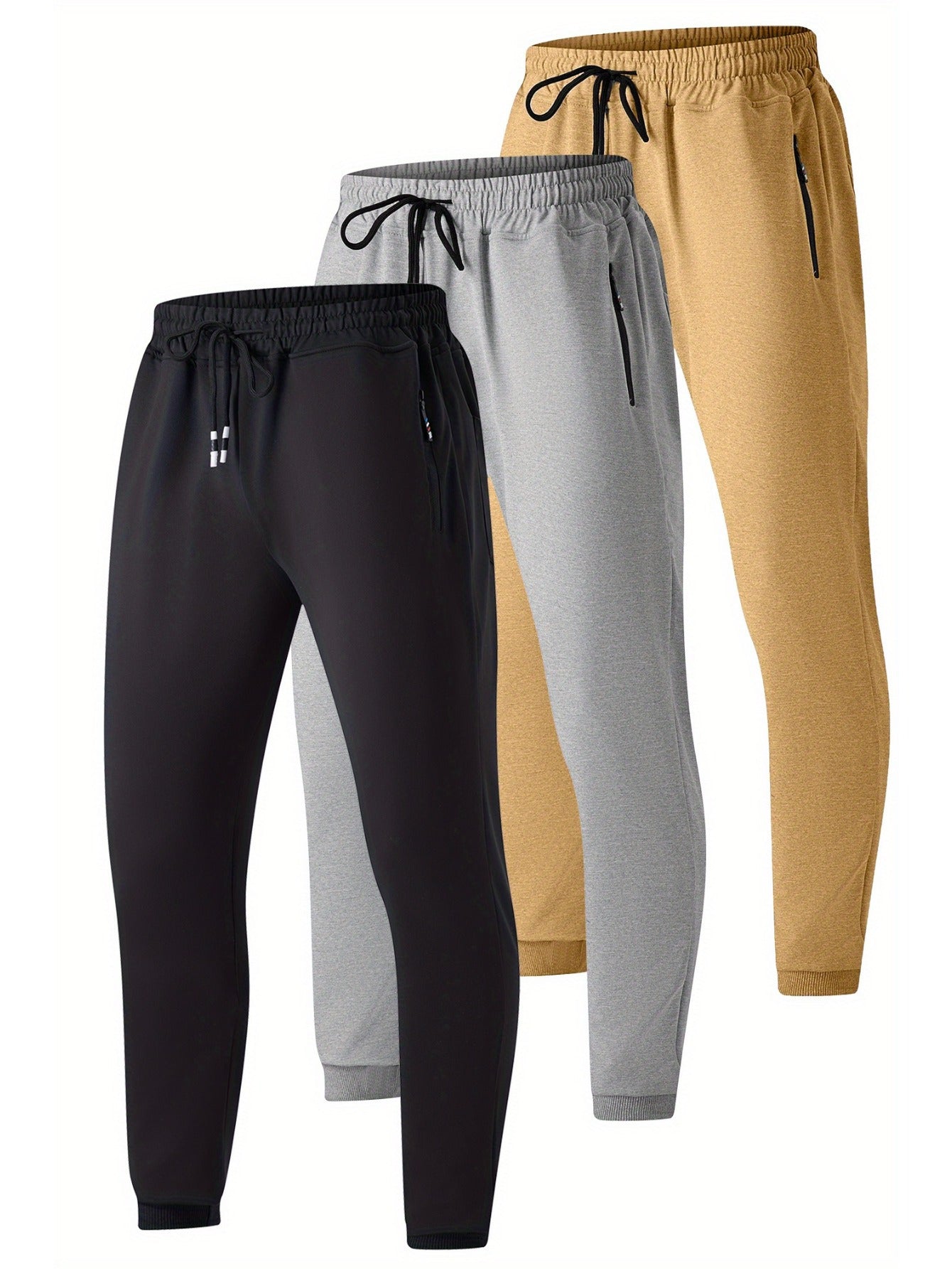 3-Pack Slim Fit Cotton Jogger Sweatpants with Zippered Pockets