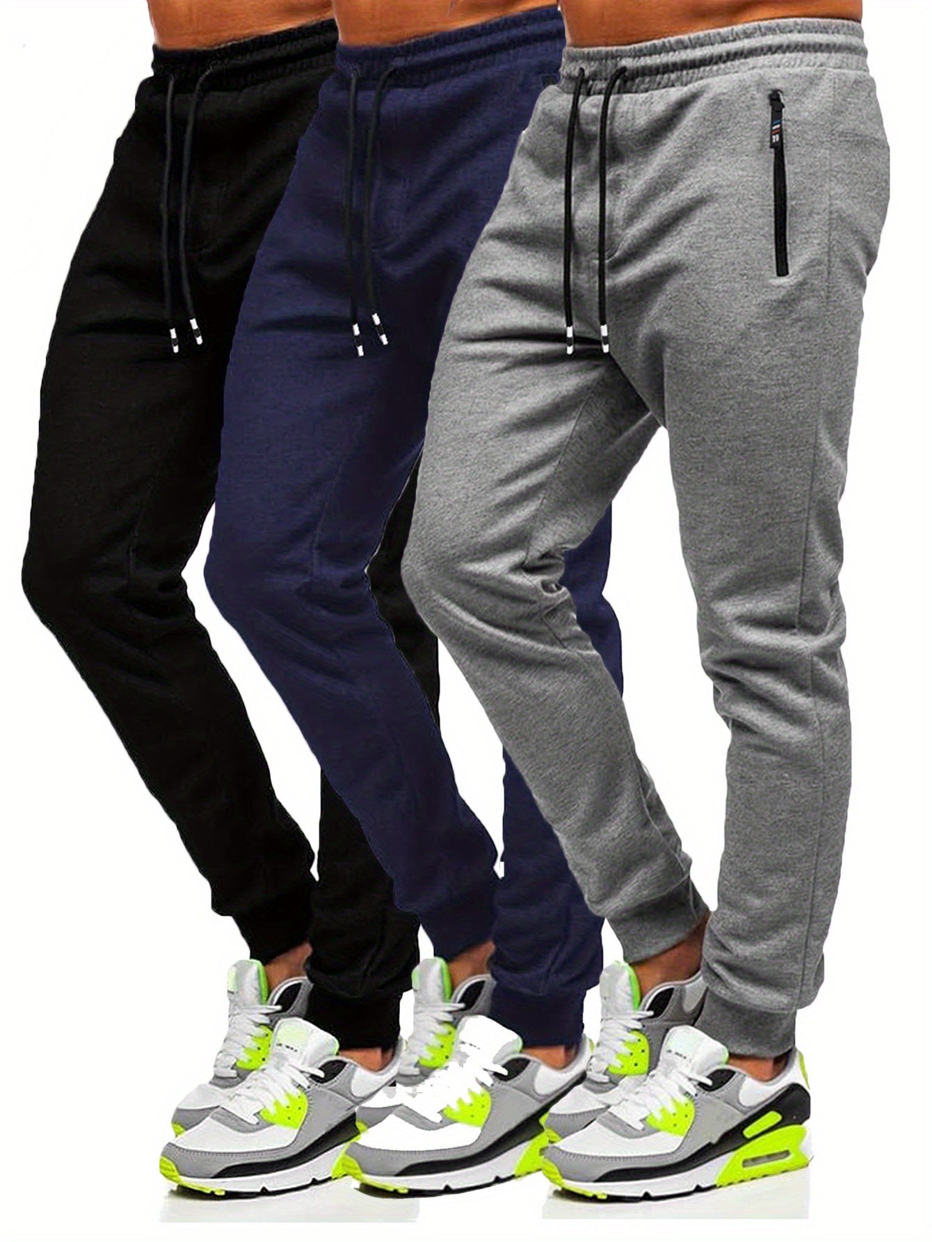 3-Pack Slim Fit Cotton Jogger Sweatpants with Zippered Pockets