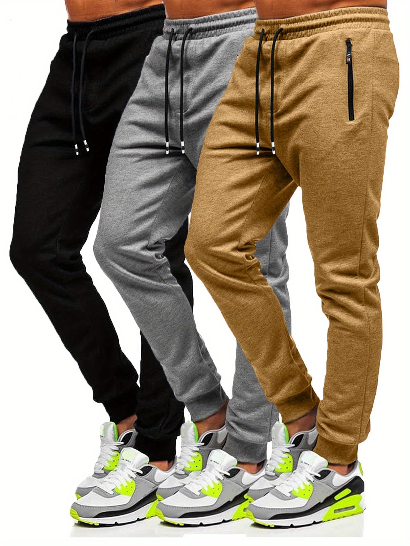 3-Pack Slim Fit Cotton Jogger Sweatpants with Zippered Pockets