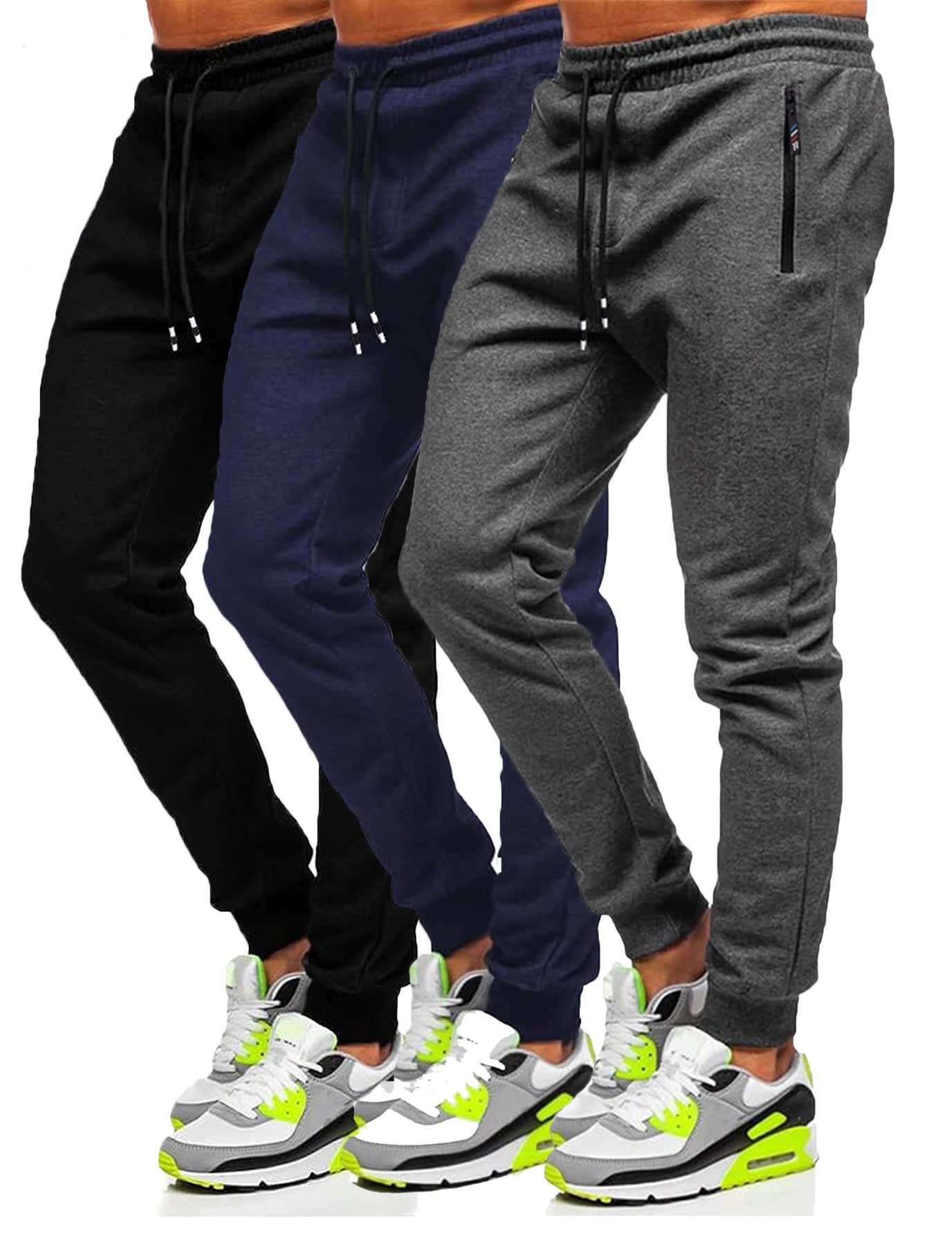 3-Pack Slim Fit Cotton Jogger Sweatpants with Zippered Pockets