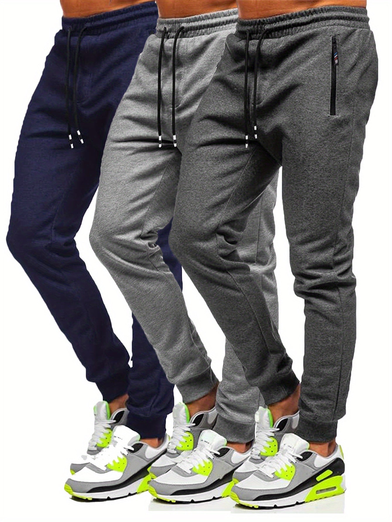 3-Pack Slim Fit Cotton Jogger Sweatpants with Zippered Pockets