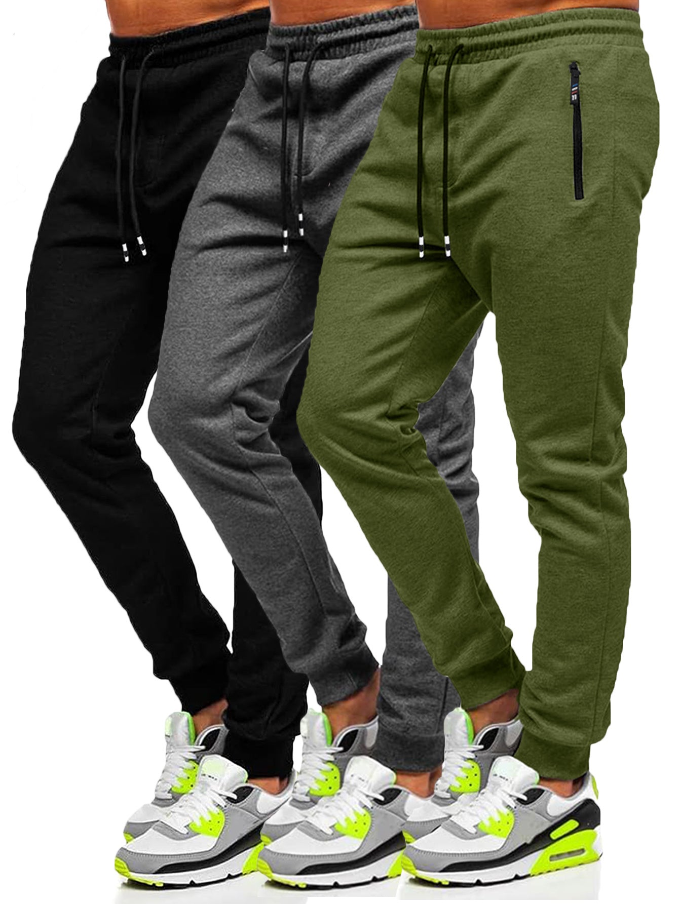 3-Pack Slim Fit Cotton Jogger Sweatpants with Zippered Pockets