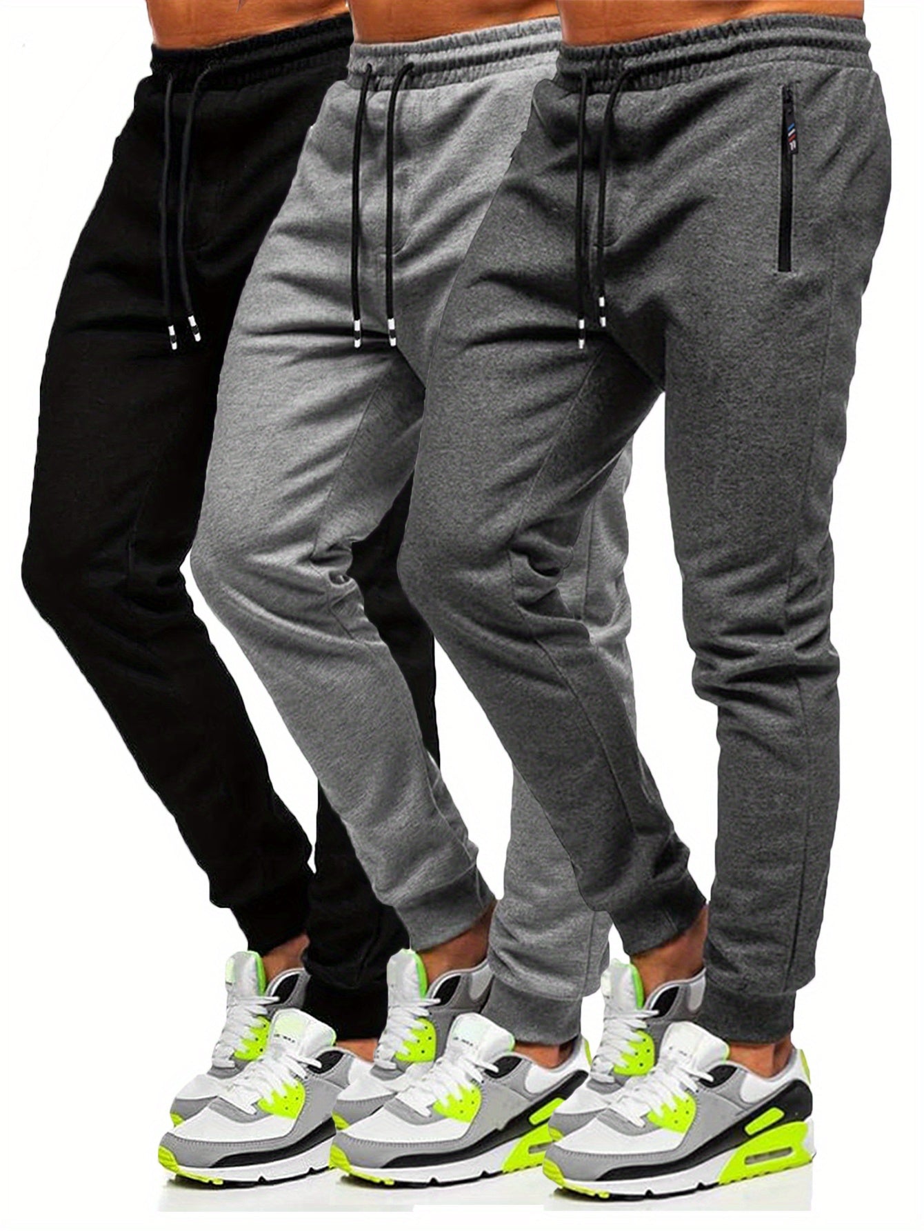 3-Pack Slim Fit Cotton Jogger Sweatpants with Zippered Pockets