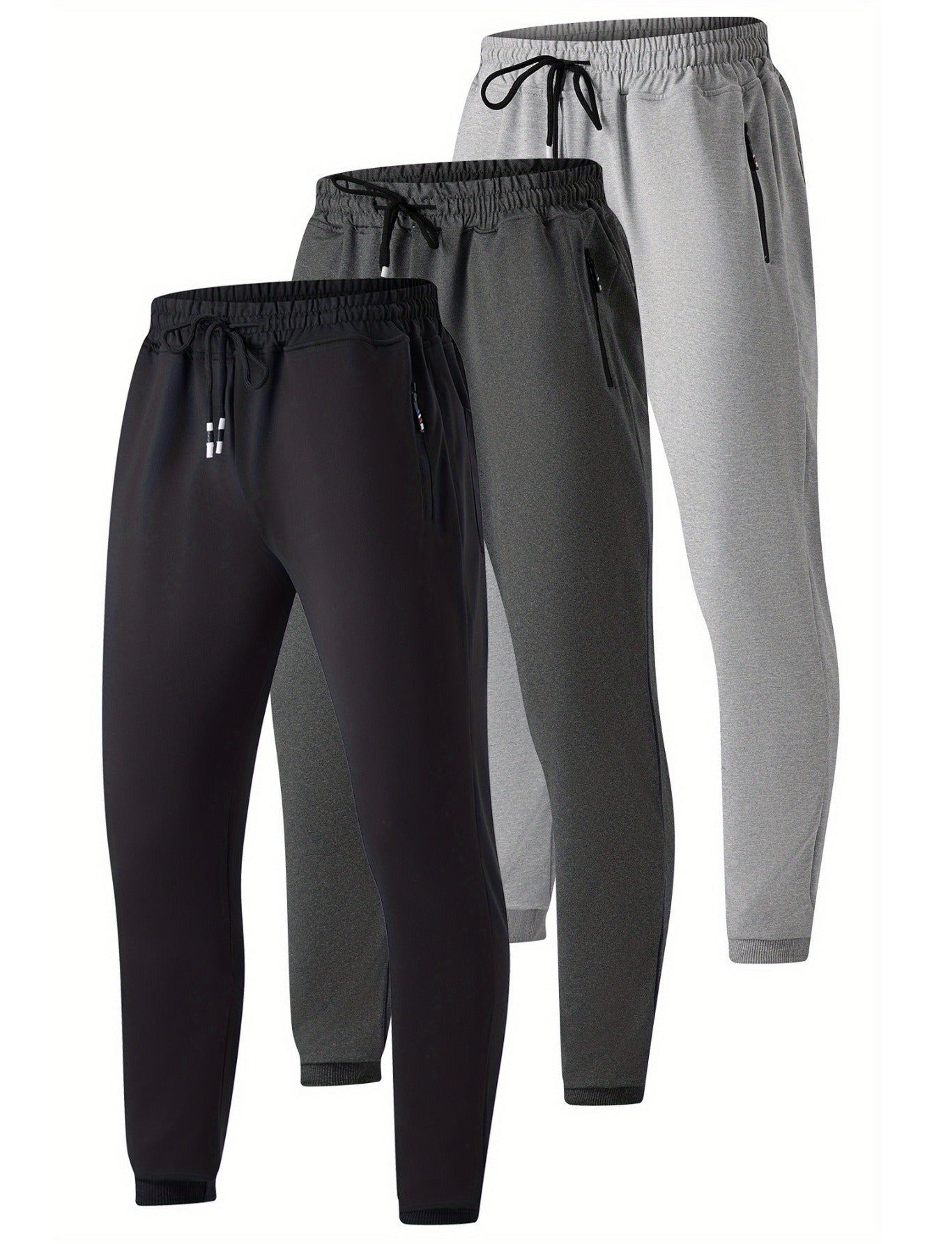 3-Pack Slim Fit Cotton Jogger Sweatpants with Zippered Pockets