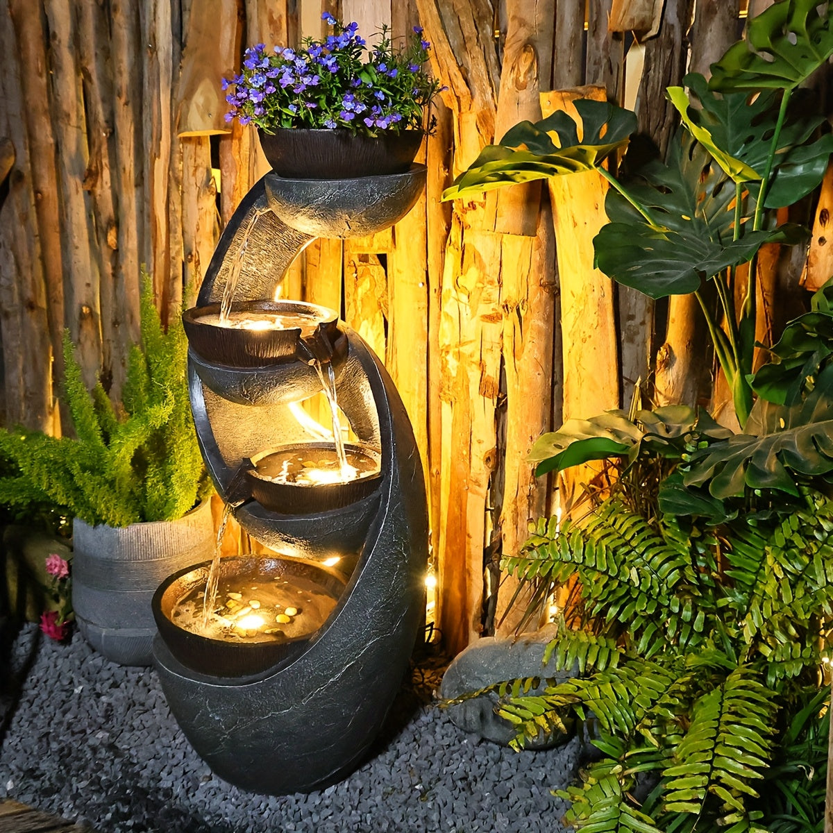 Outdoor Resin Waterfall Fountain with LED Lights and Pump