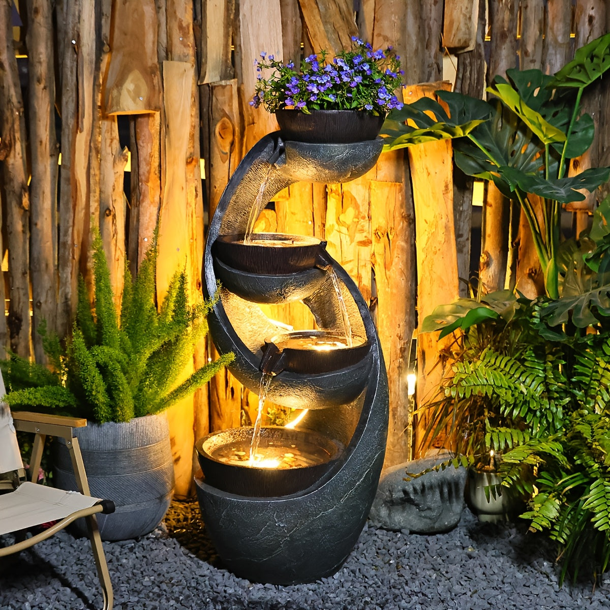 Outdoor Resin Waterfall Fountain with LED Lights and Pump