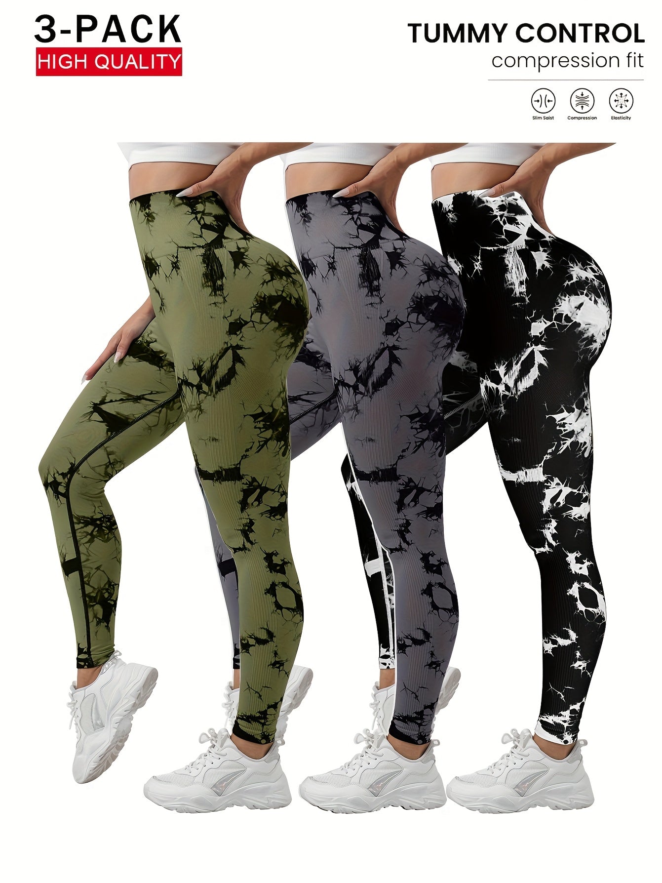 3-Pack Women's Seamless Tie-Dye High-Waisted Yoga Leggings