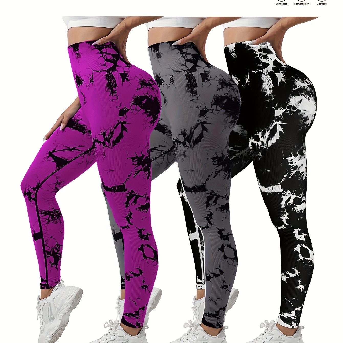 3-Pack Women's Seamless Tie-Dye High-Waisted Yoga Leggings