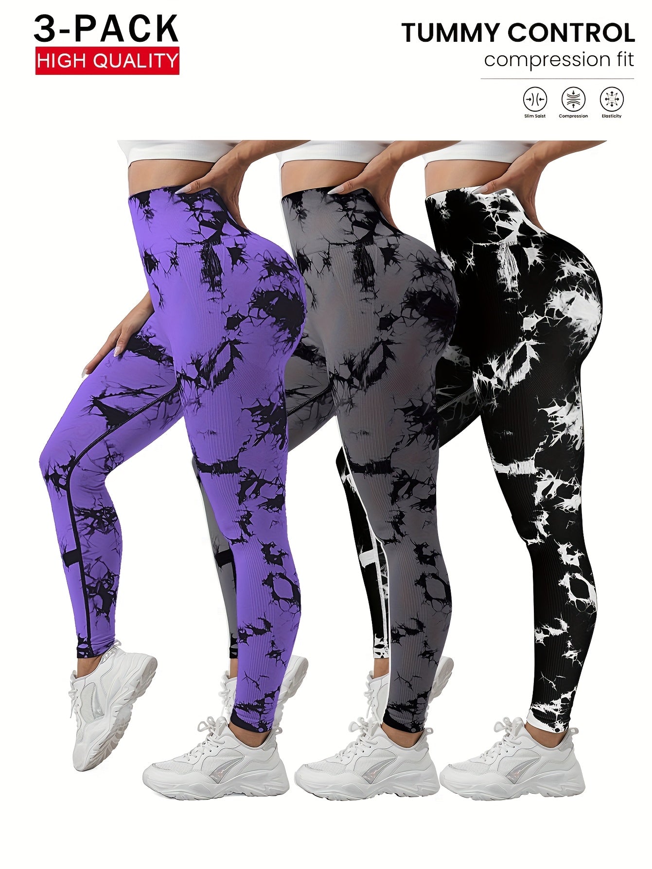 3-Pack Women's Seamless Tie-Dye High-Waisted Yoga Leggings