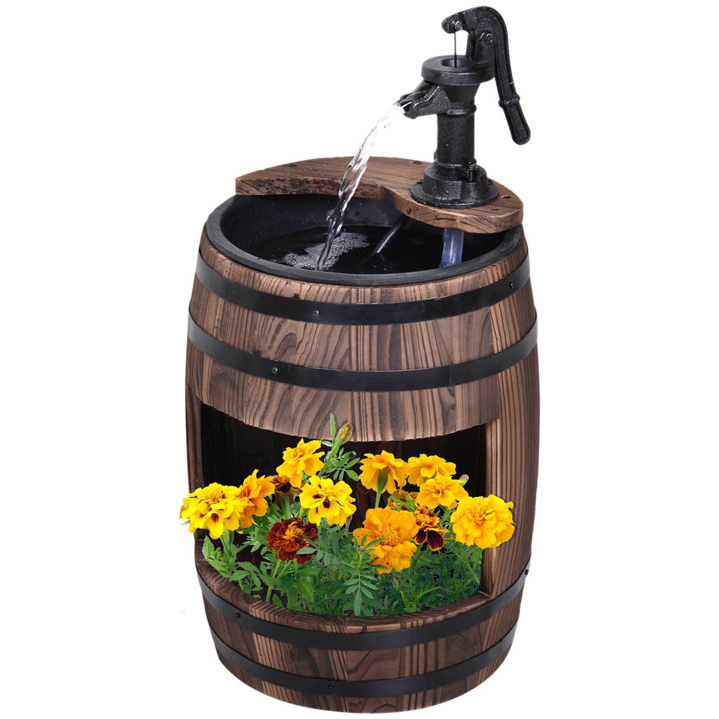 Rustic Wooden Barrel Water Fountain with Metal Pump