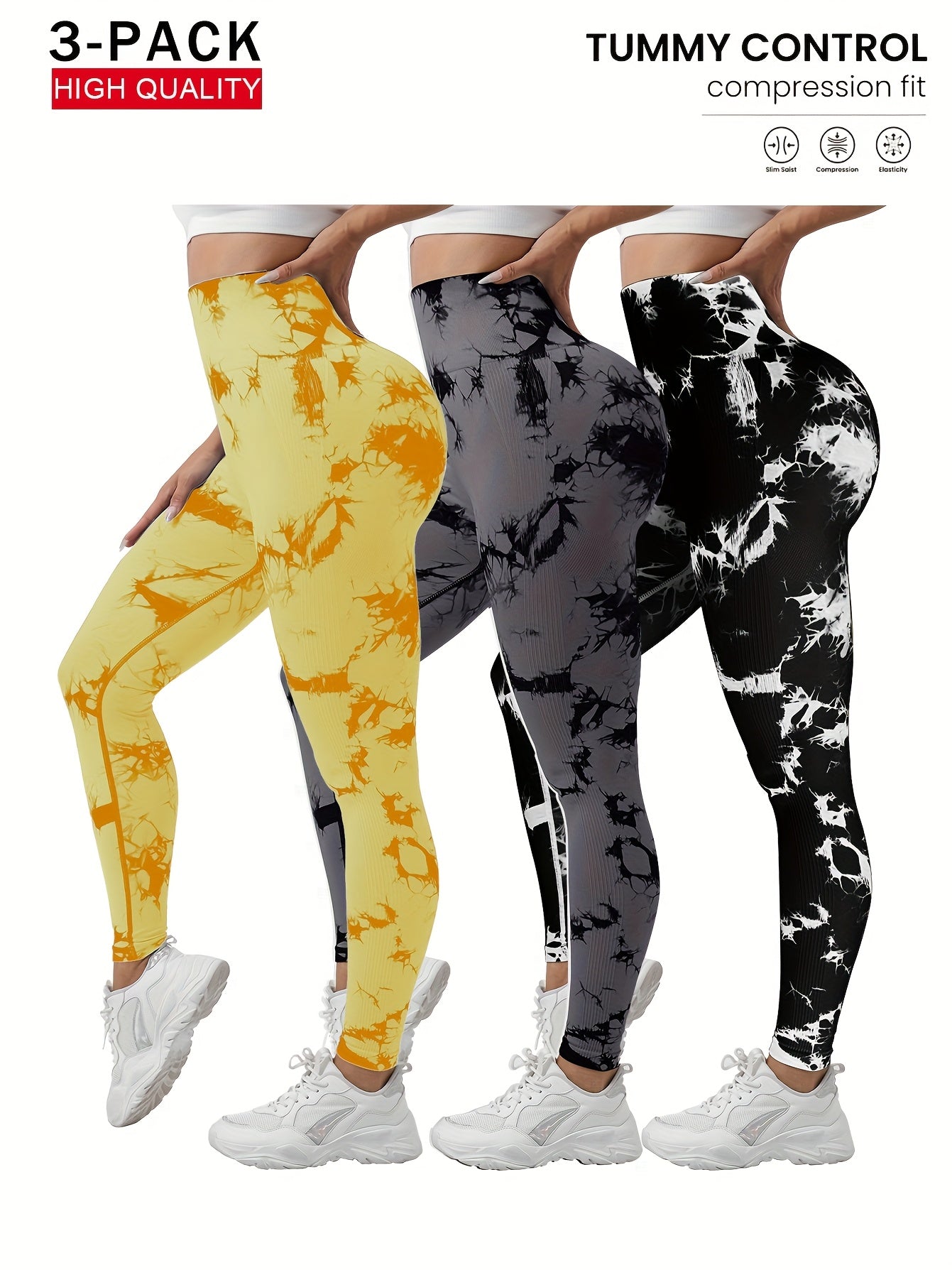 3-Pack Women's Seamless Tie-Dye High-Waisted Yoga Leggings