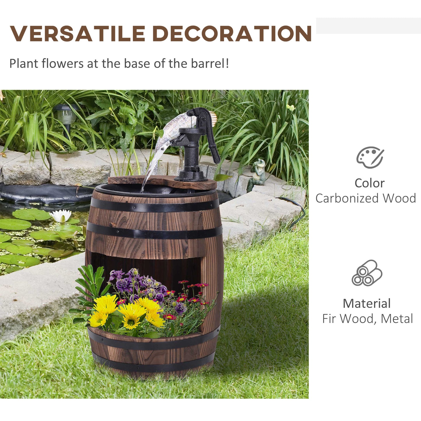 Rustic Wooden Barrel Water Fountain with Metal Pump