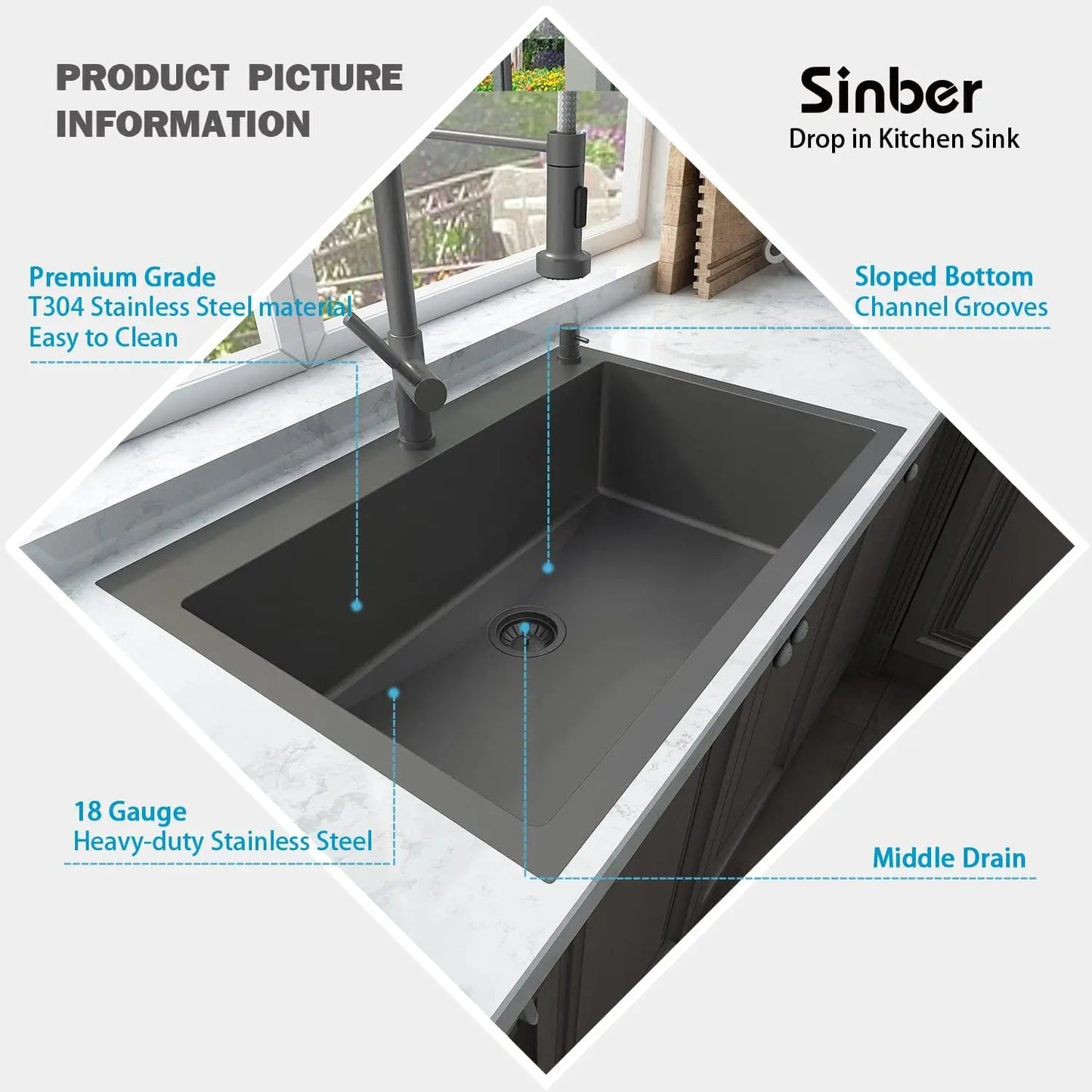 Drop In Single Bowl Kitchen Sink with Stainless Steel Black Finish