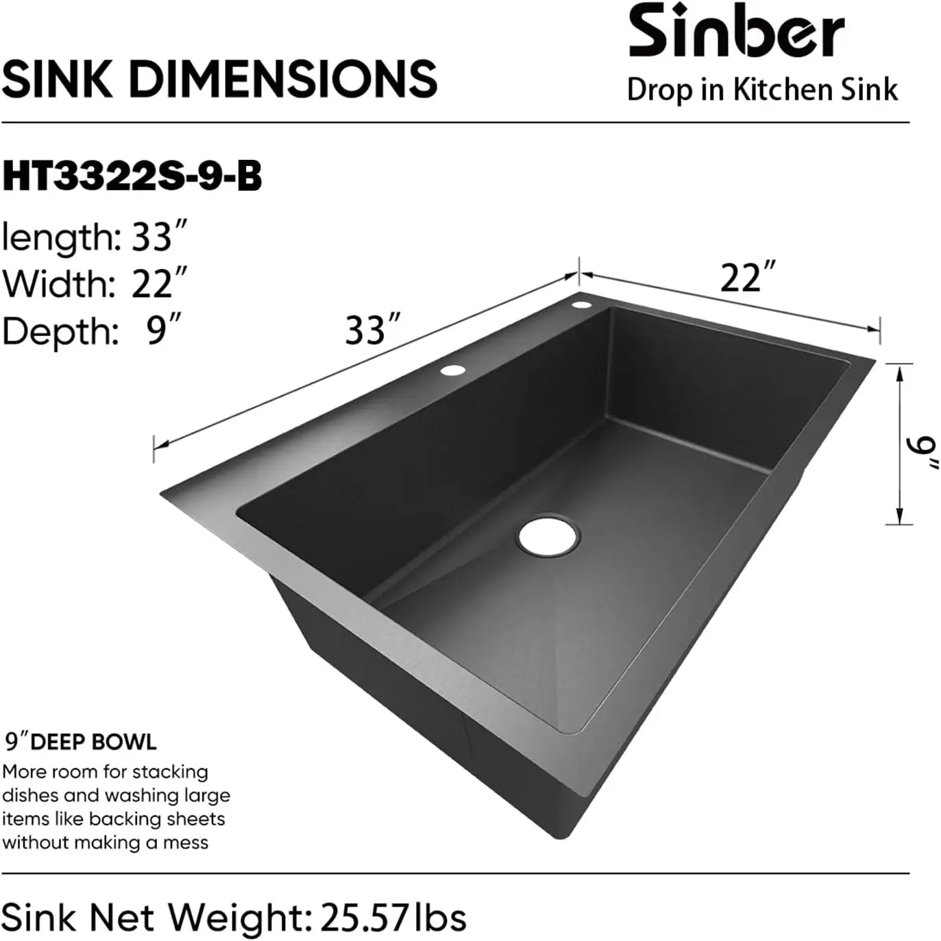 Drop In Single Bowl Kitchen Sink with Stainless Steel Black Finish