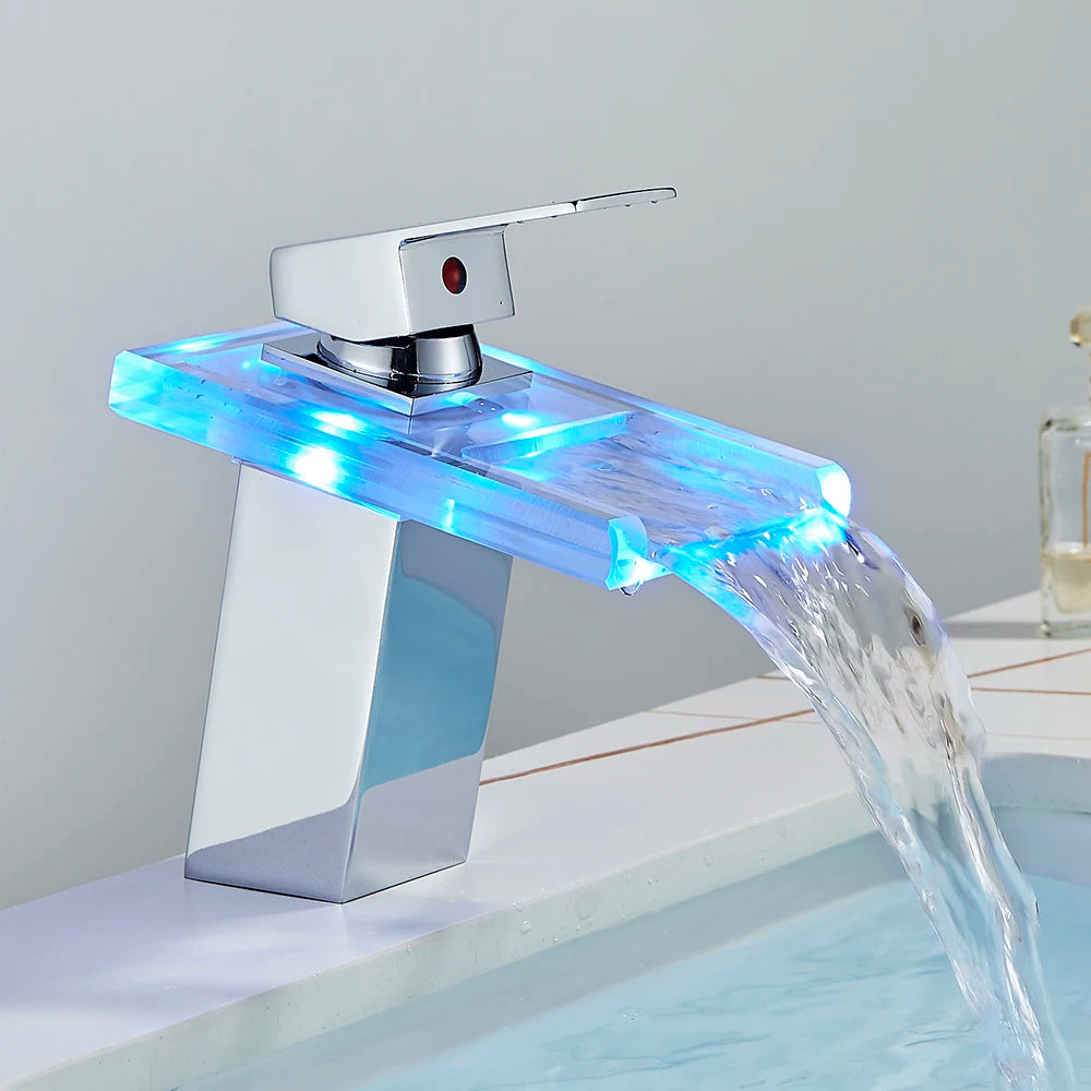 Luxury LED Waterfall Basin Faucet Color Change Bathroom Sink Faucet