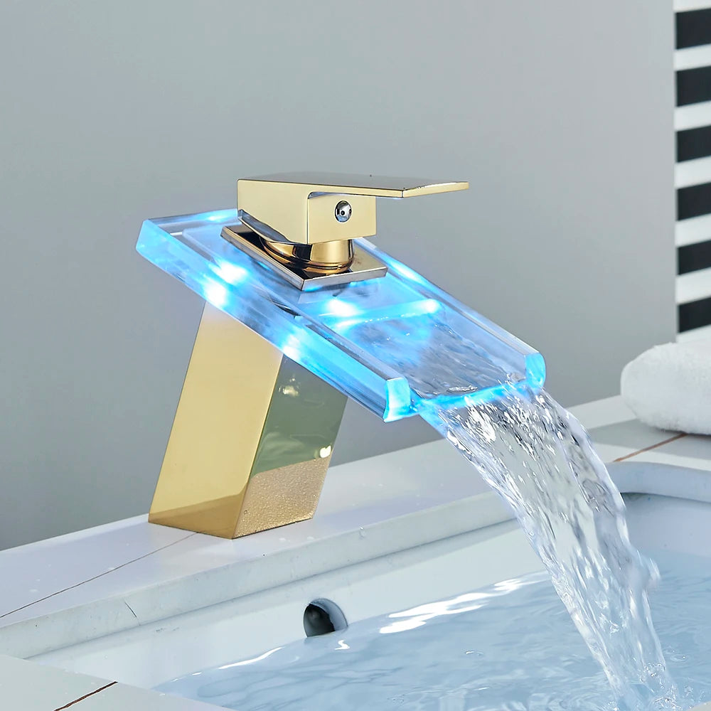 Luxury LED Waterfall Basin Faucet Color Change Bathroom Sink Faucet