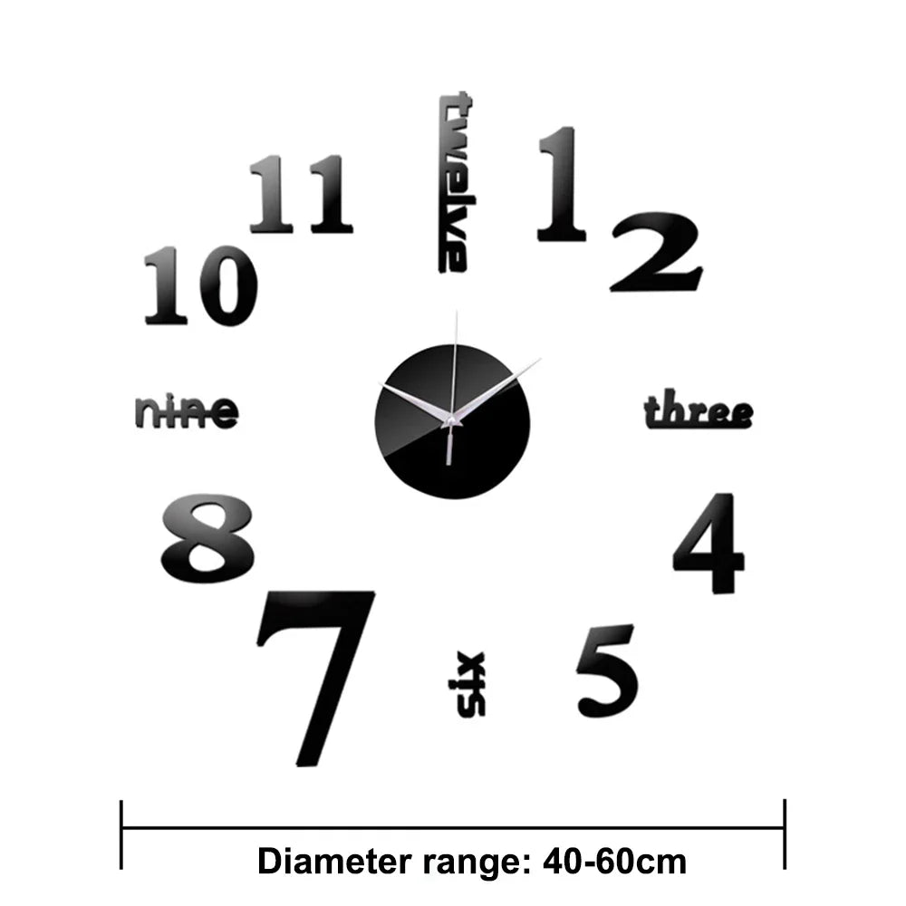 3D DIY Wall Clock with Mirror Stickers and Quartz Movement