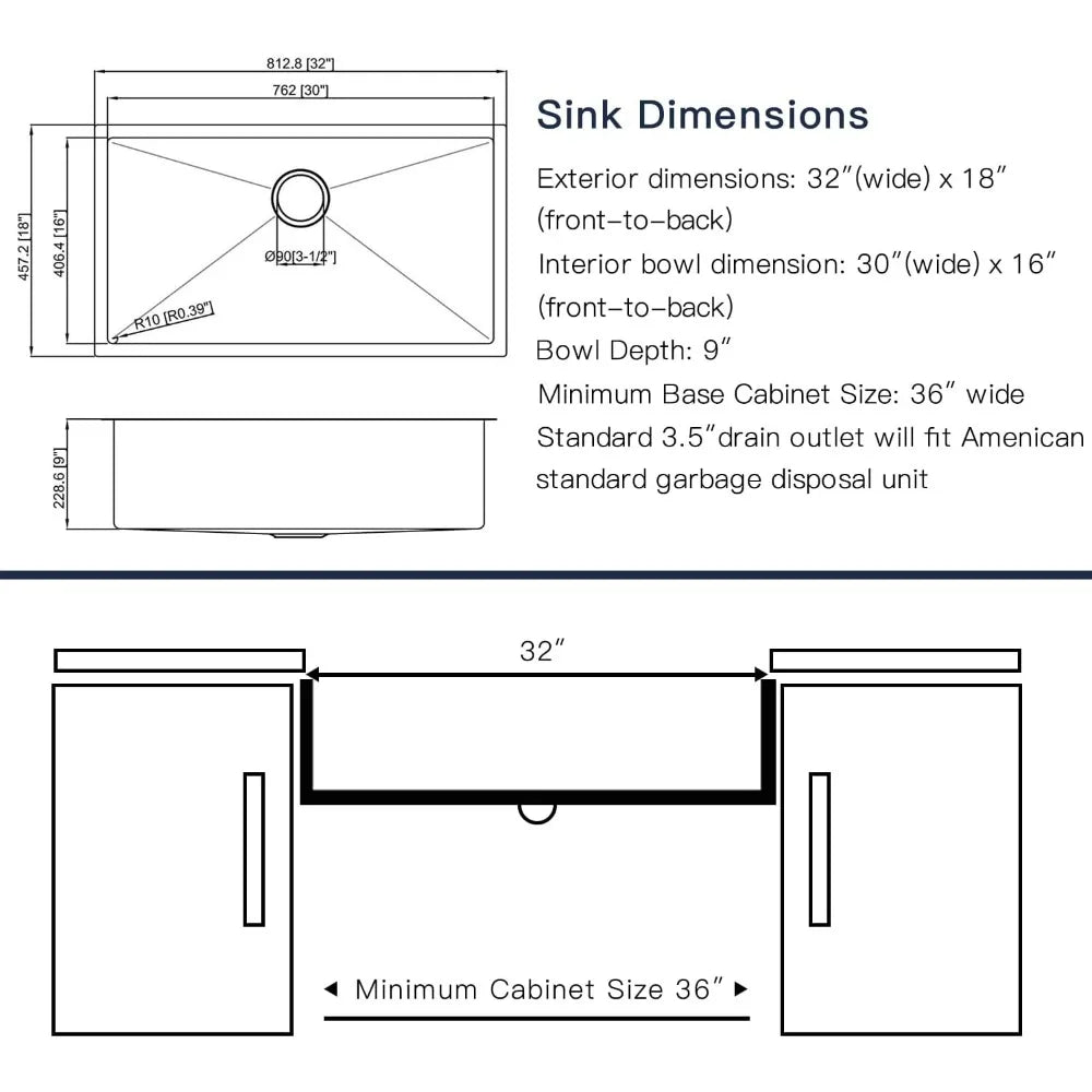 Stainless Steel Undermount Kitchen Sink 32x18 Inch