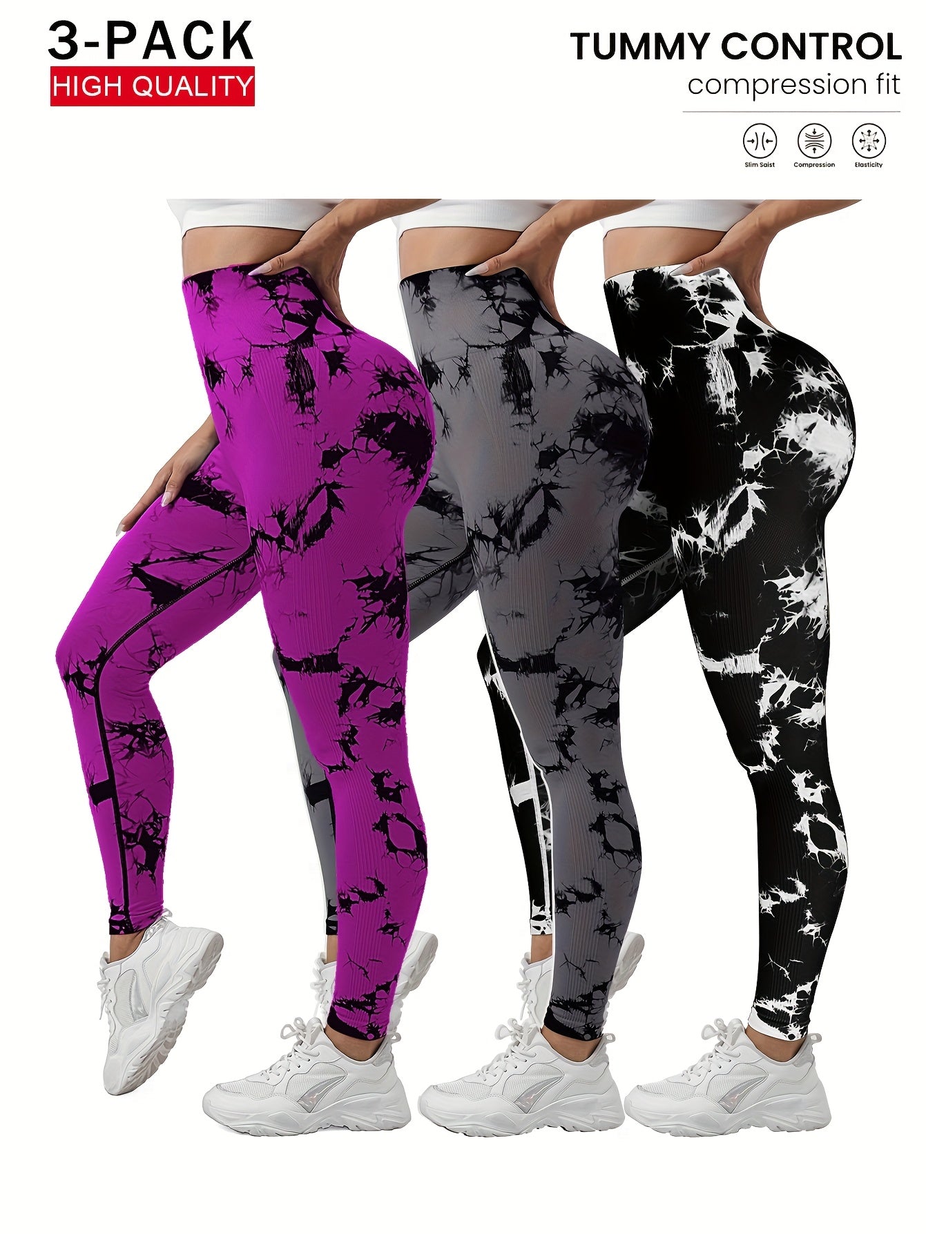 3-Pack Women's Seamless Tie-Dye High-Waisted Yoga Leggings