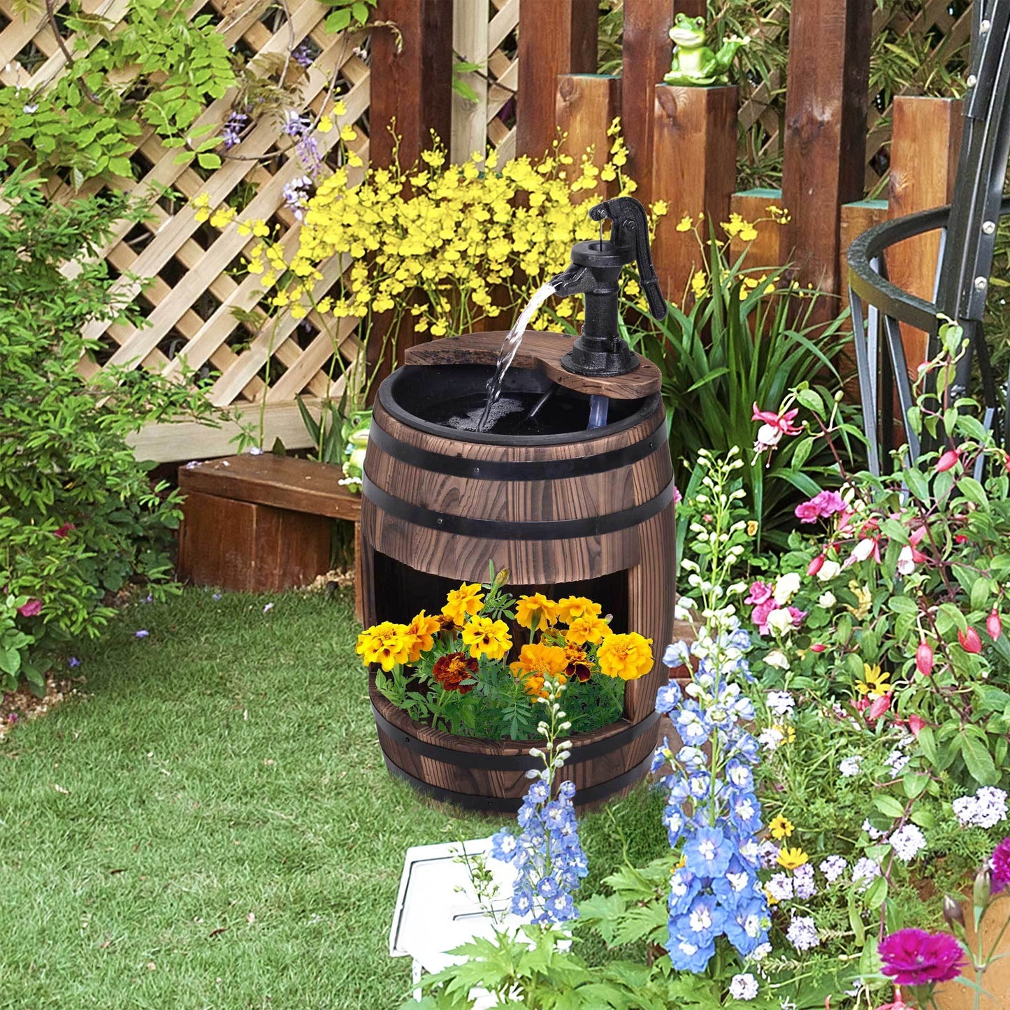 Rustic Wooden Barrel Water Fountain with Metal Pump