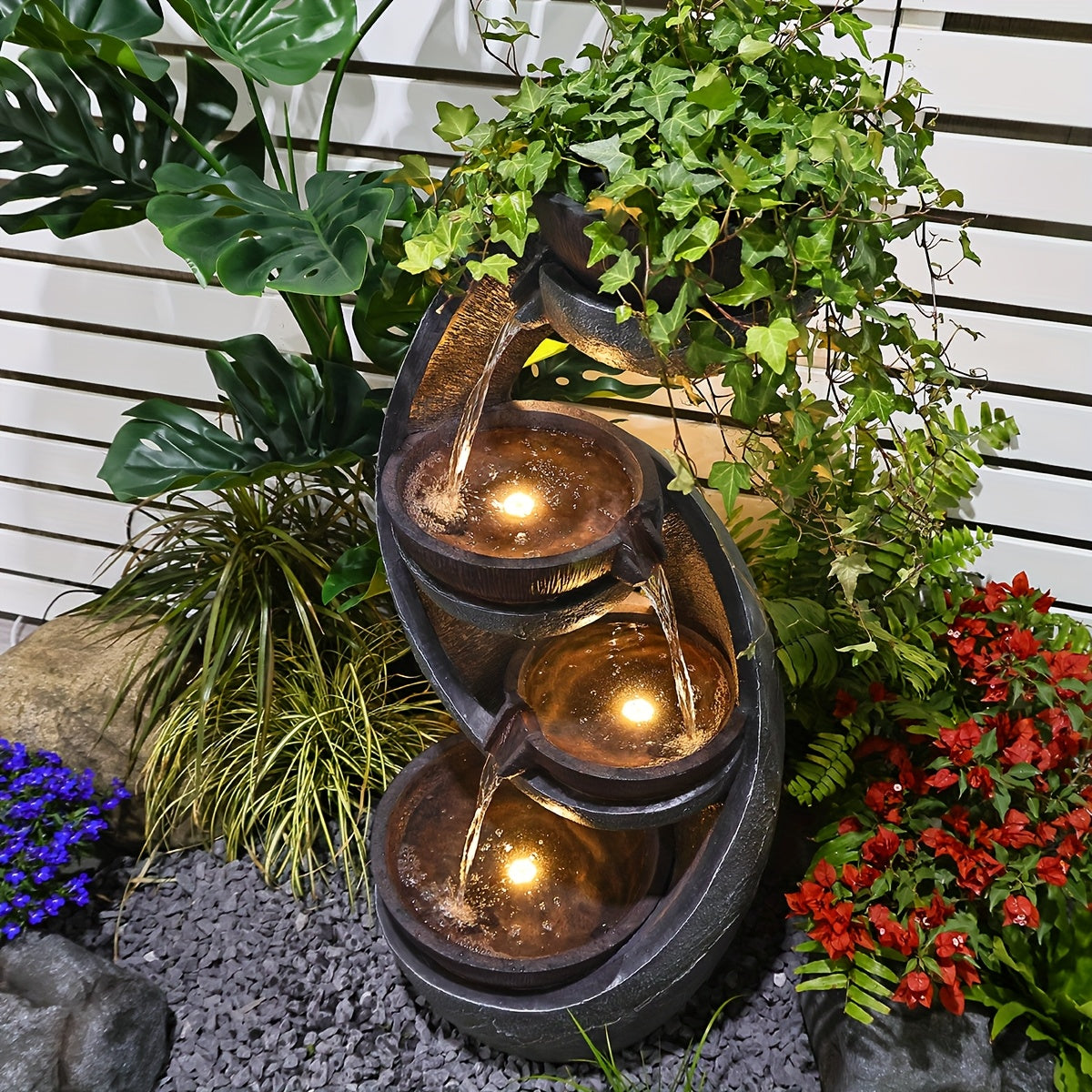 Outdoor Resin Waterfall Fountain with LED Lights and Pump