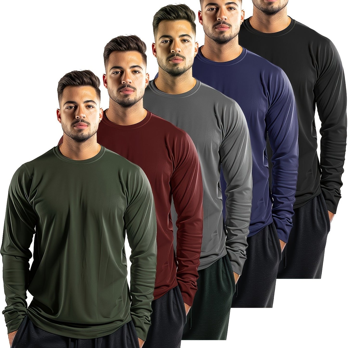5-Piece Men's Solid Color Crew Neck Long Sleeve T-Shirt