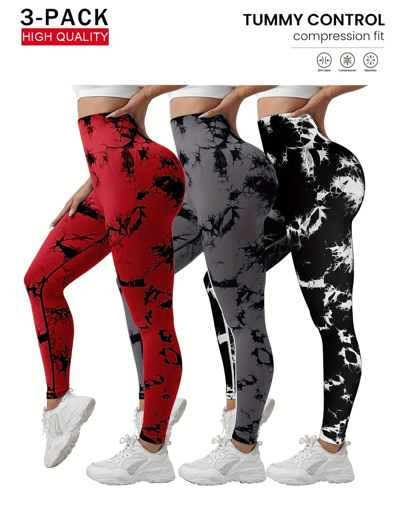 3-Pack Women's Seamless Tie-Dye High-Waisted Yoga Leggings