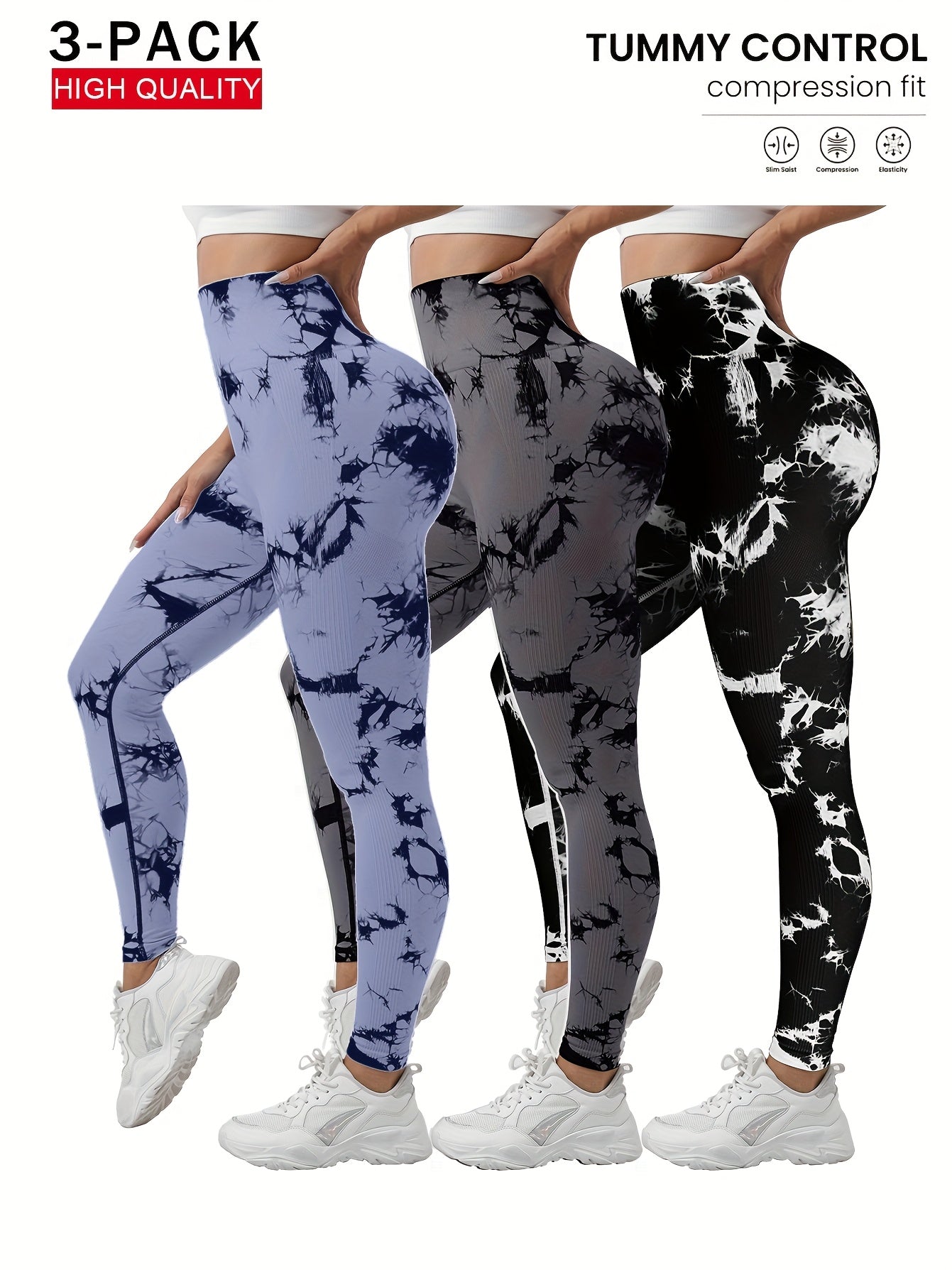 3-Pack Women's Seamless Tie-Dye High-Waisted Yoga Leggings