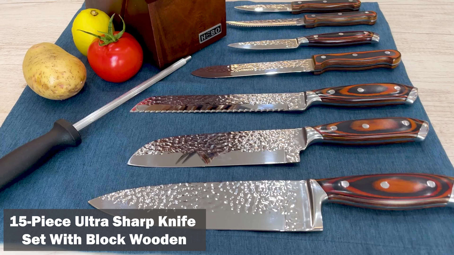 15-Piece High-Carbon Stainless Steel Knife Set with Block