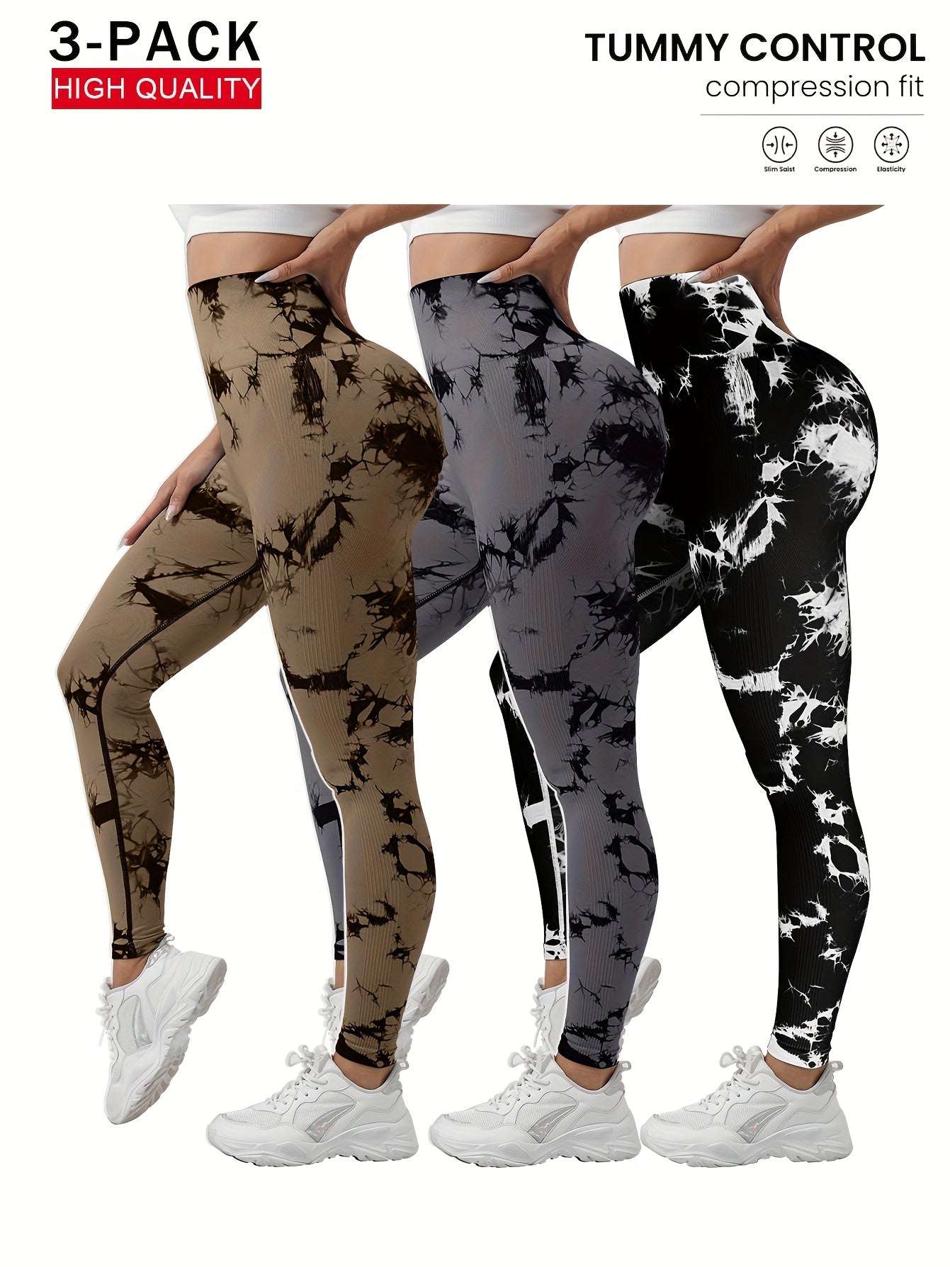 3-Pack Women's Seamless Tie-Dye High-Waisted Yoga Leggings