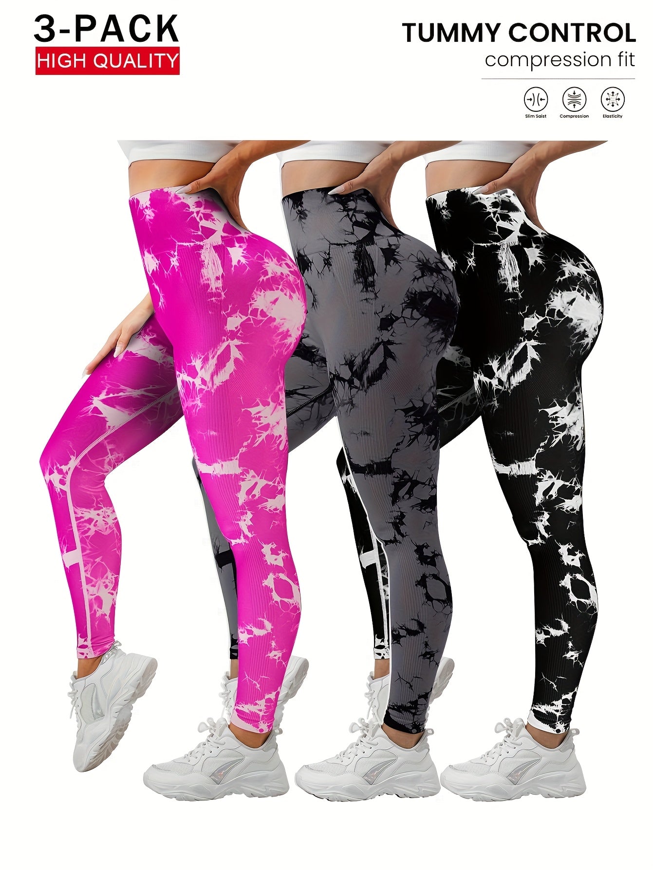 3-Pack Women's Seamless Tie-Dye High-Waisted Yoga Leggings