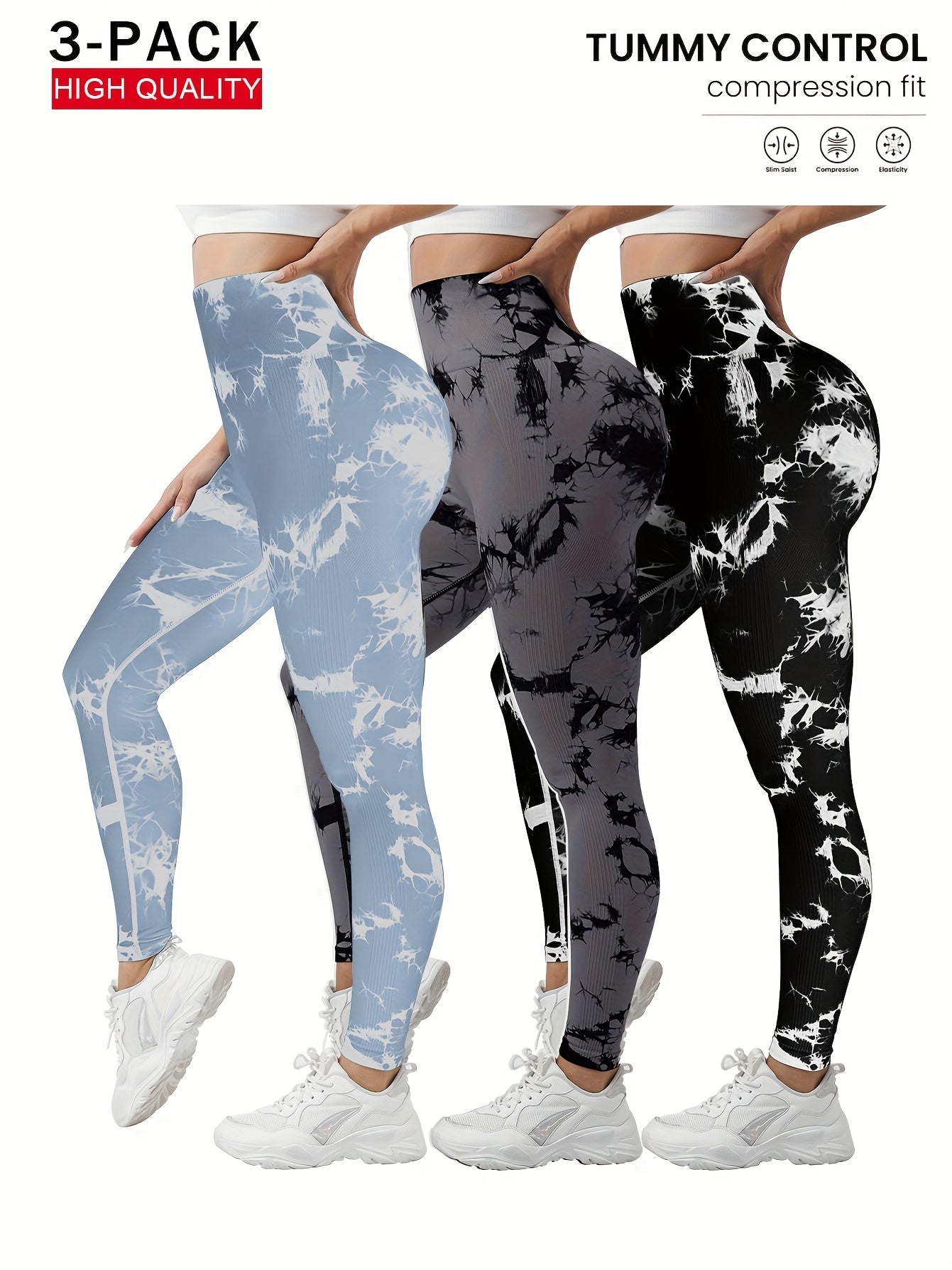 3-Pack Women's Seamless Tie-Dye High-Waisted Yoga Leggings